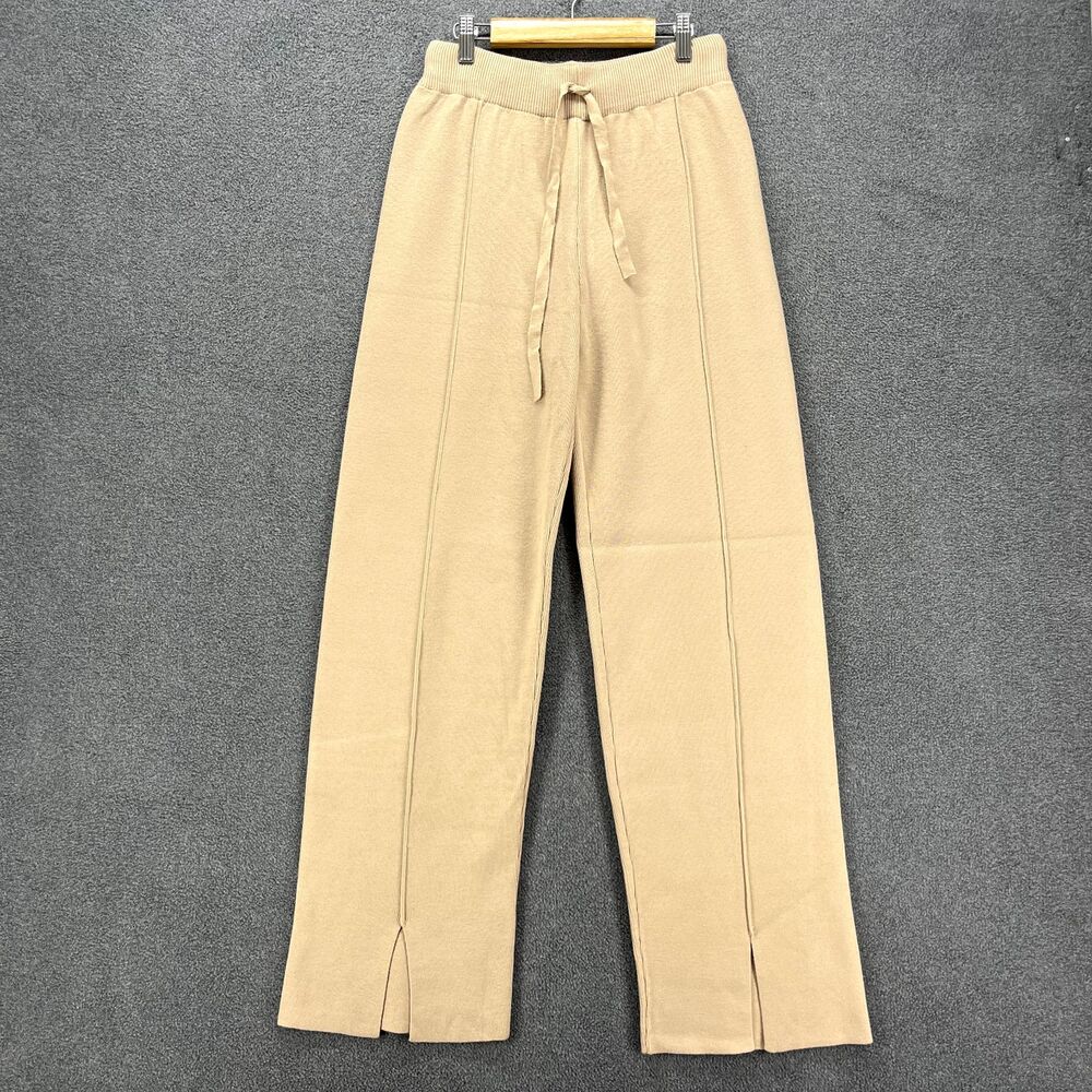 COMMENSE Pants Womens Medium Tan Ribbed Mystique Wide Leg Khaki Drawstrings chic